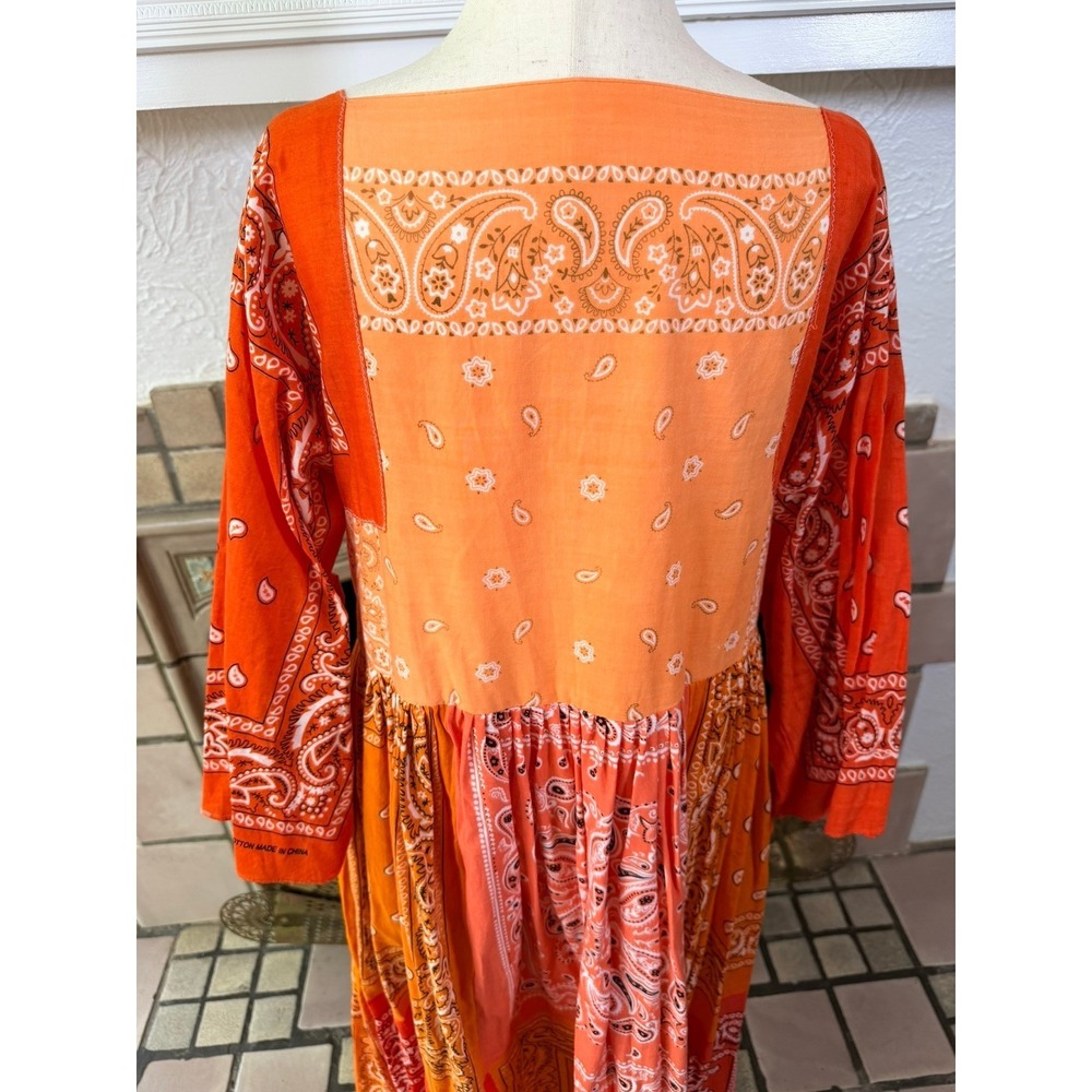 Handmade Orange Bandana Patchwork Midi Dress Bell Sleeve Paisley Boho S/M - Picture 4 of 11